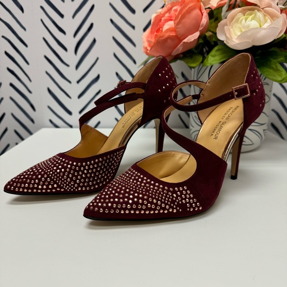 6.5 - Badgley Mischka American Glamour Burgundy Faux Suede Studded Pumps - Picture 3 of 7